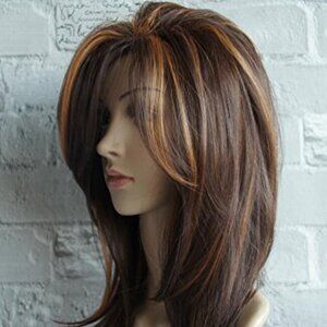 NEW Wigbuy Long Layered Shoulder Length Brown with Camel color Highlight Wig